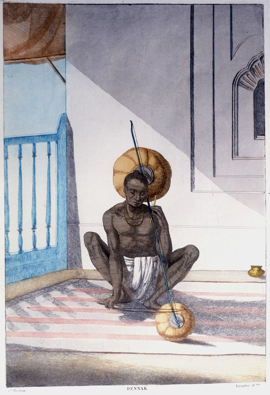 Indisk kultur, civilisation og samfund: musiker med traditionelt indisk strengeinstrument. Stik fra 1808. af Unknown artist