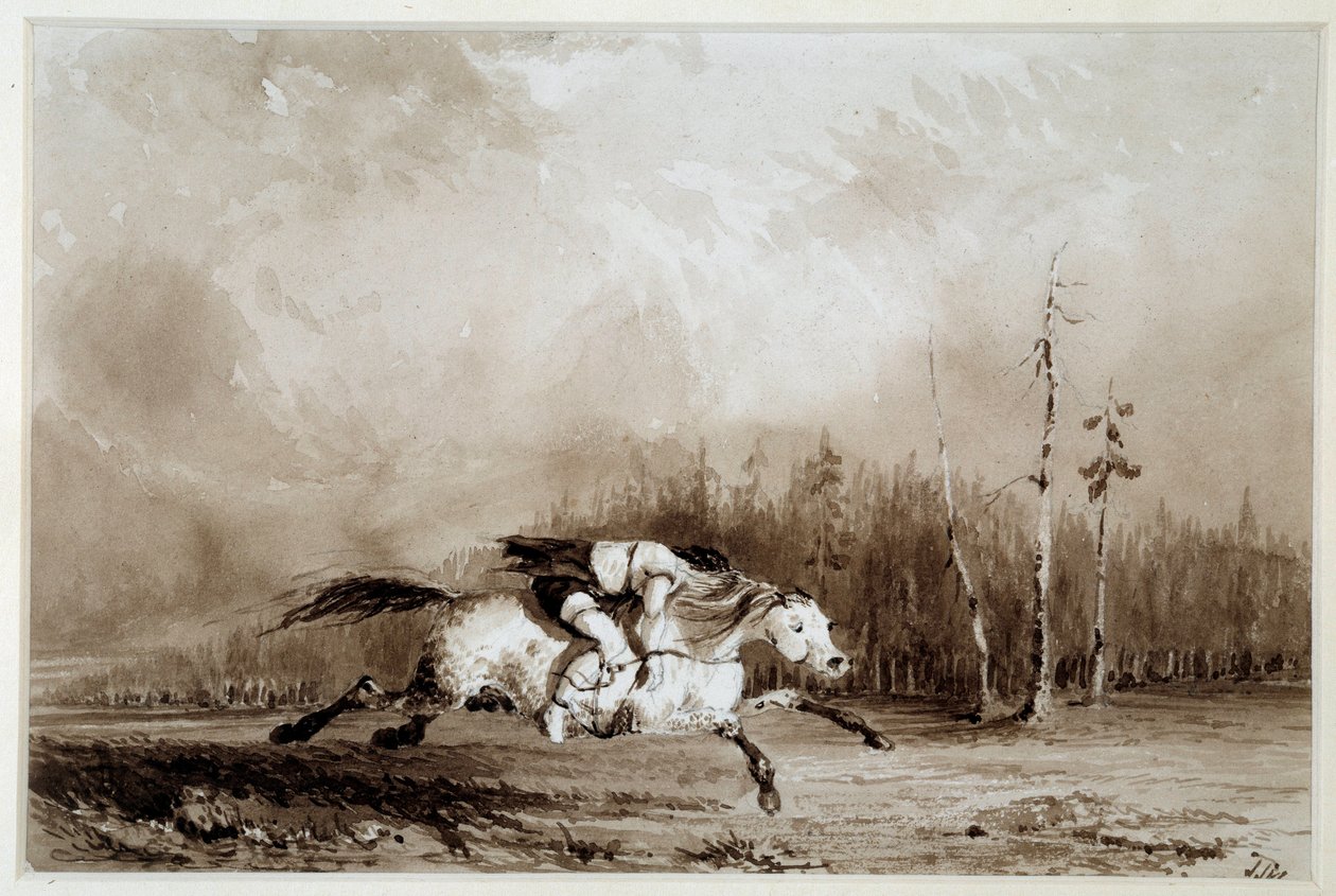 Indian of America: "" En hest i galop og bærer en mand bundet op"" Anonym tegning. La Rochelle fra det 19. århundrede, Musee du Nouveau Monde af Unknown artist
