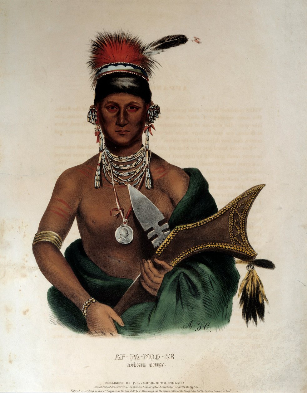 Indian of America: "" Portræt af en indisk høvding af Saukie Ap Pa Noo See"" Anonym litografi af 1836 La Rochelle, Musee du Nouveau Monde af Unknown artist