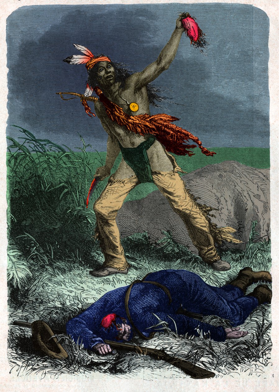 Indisk skalperer en soldat. (illustration, omkring 1900) af Unknown artist