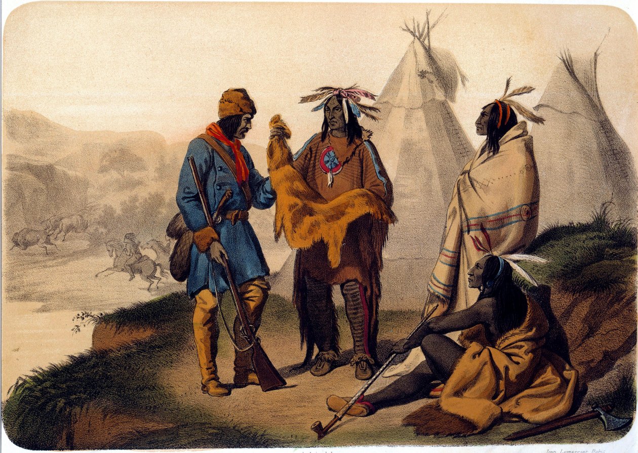 Indians of America: en fangstmand, der bytter med røde skind, de udveksler roe-skind, en af indianerne ryger en blæksprutte. 1800-tals litografi La Rochelle, Musee du Nouveau Monde af Unknown artist