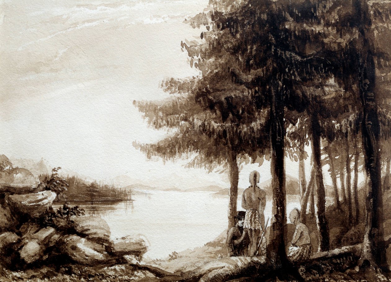 Indianere ved bredden af en sø. 1800-tallets litografi. La Rochelle, Musee Du Nouveau Monde af Unknown artist