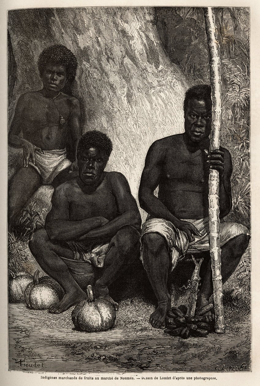 Indfødt frugthandler på markedet i Noumea (Ny Kaledonien). Indgravering til illustration af rejsen til Ny Kaledonien fra 1863 til 1866 af Jules Garnier, civilingeniør i miner, i "Le tour du monde, nouveau journal des voyages" udgivet under den dire af Unknown artist