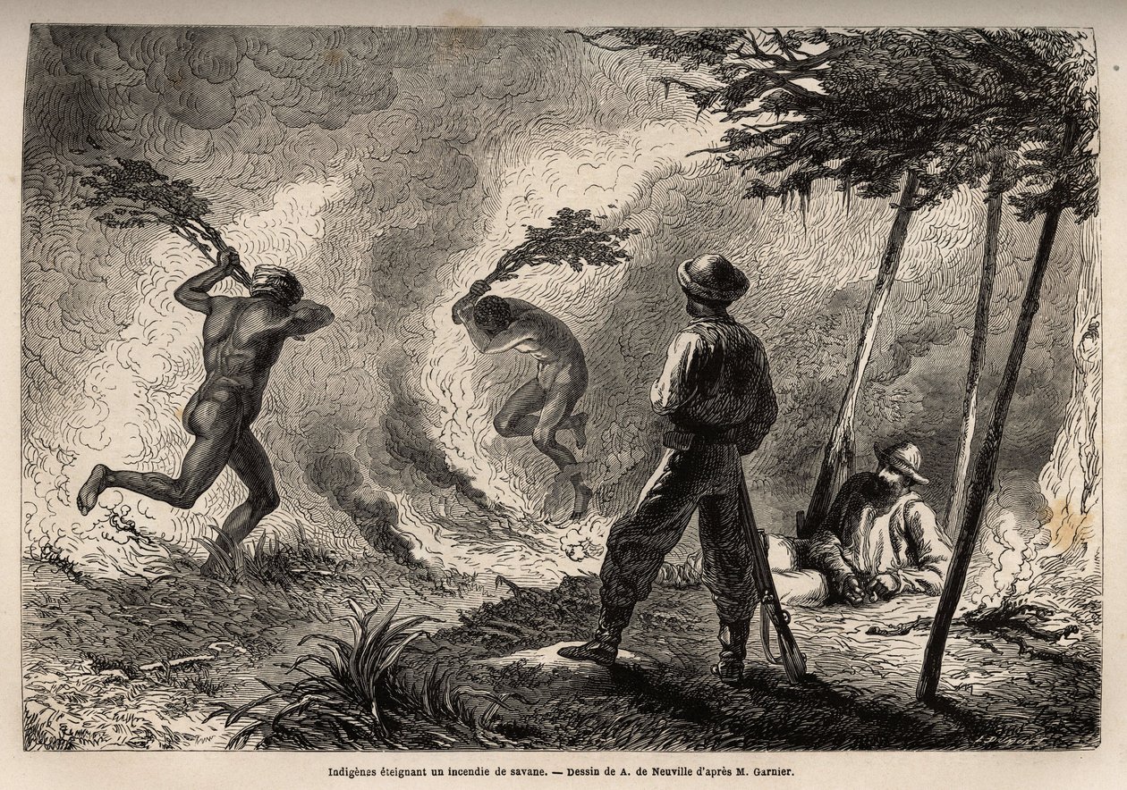 Indfødte kanaks antændte en savannebål, som de selv tændte for at jage myg, for øjnene af fortælleren og hans rejsekammerat. Gravering til illustration af rejsen til Ny Kaledonien fra 1863 til 1866 af Jules Garnier, civilingeniør i af Unknown artist