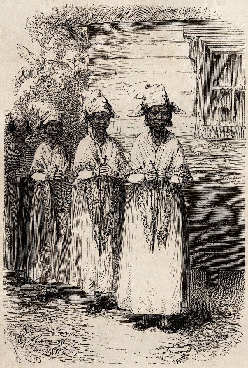 Indfødte kvinder i Guyana, ved den katolske procession af Fete Dieu. Gravering til illustration af rejsen i Fransk Guyana i 1862-1863 af Frederic Bouyer, kaptajn på fregat, i "" Le tour du monde, nouveau journal des voyages", udgivet under dir. af Unknown artist