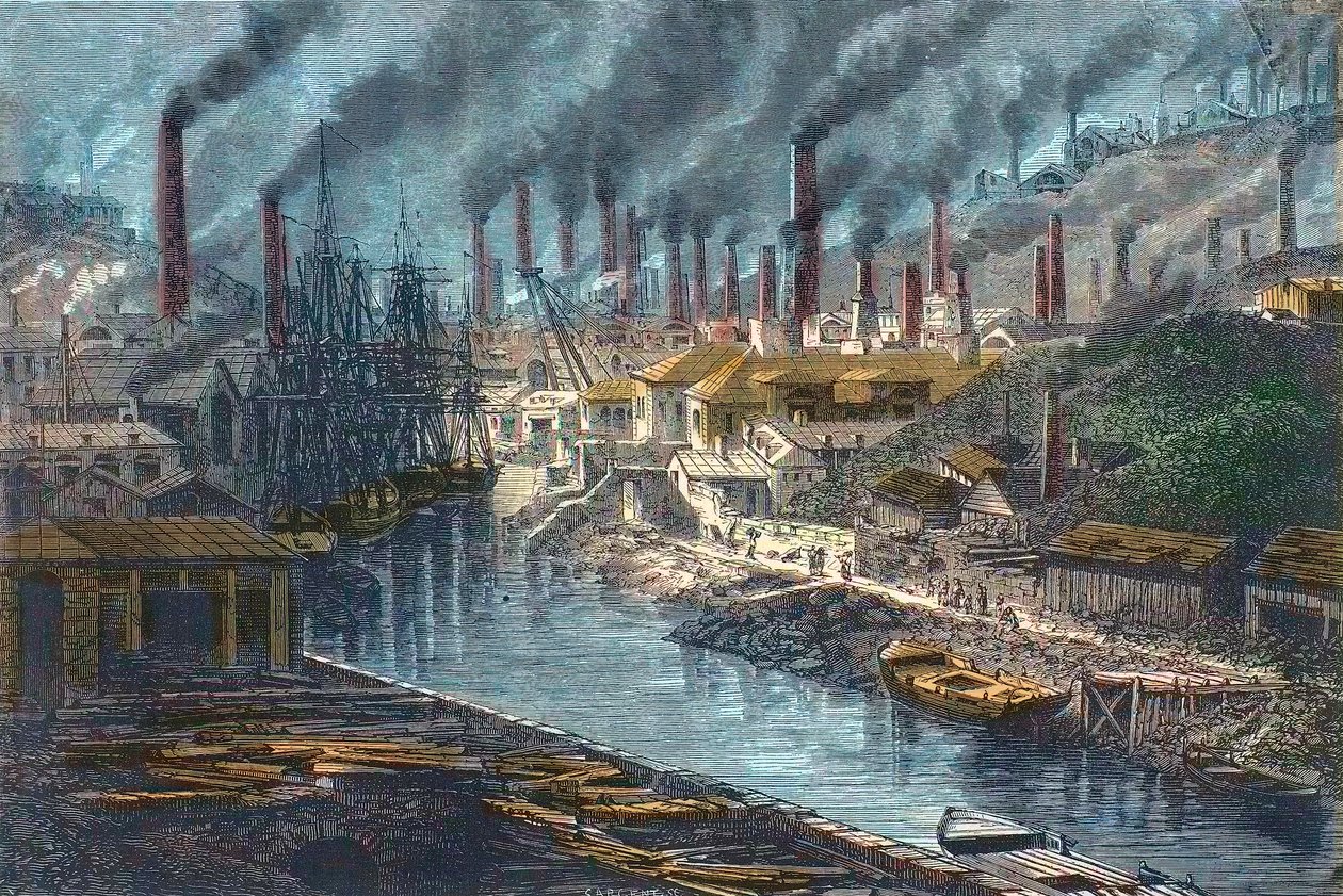 Industriel revolution - Industriel revolution: Oversigt over Mr. Vivians kobberfabrik i Swansea, Wales - Storbritannien (Wales) - Storbritannien af Unknown artist