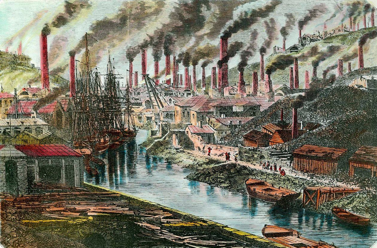 Industriel revolution: Oversigt over hr. Vivians kobberfabrik i Swansea, Wales. Indgravering af det 19. århundrede. Privat samling. af Unknown artist