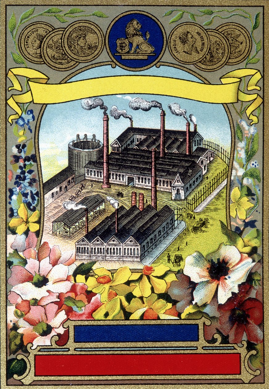 Industrialisering: Luftbillede af en fabrik. Kromolitografi fra slutningen af det 19. århundrede. af Unknown artist