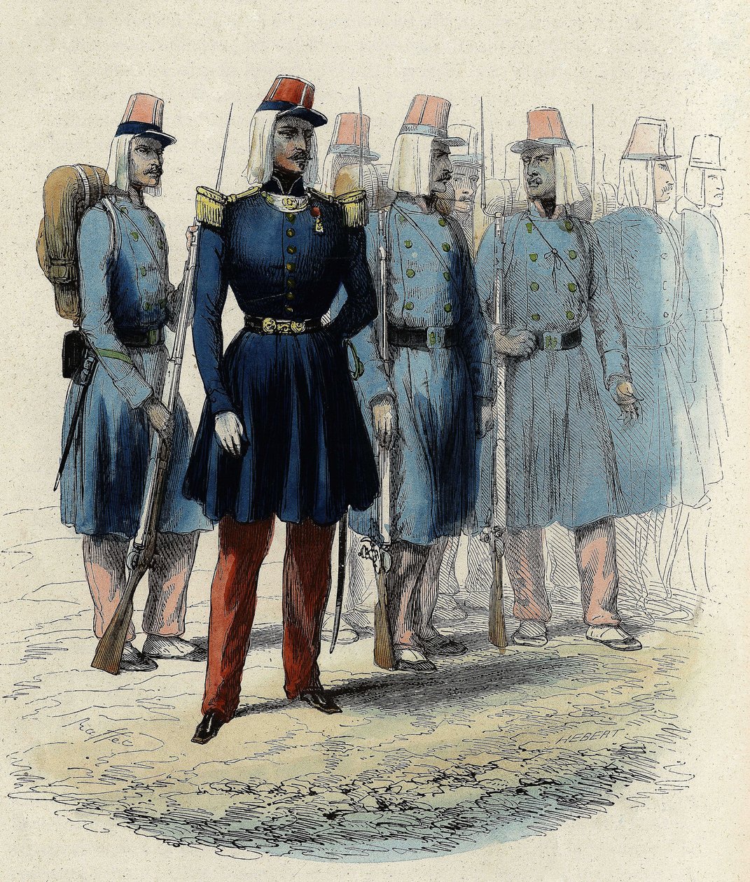 Infanteri af den franske hær i 1830 i Algeriet, officer, underofficerer og soldater, I "" L