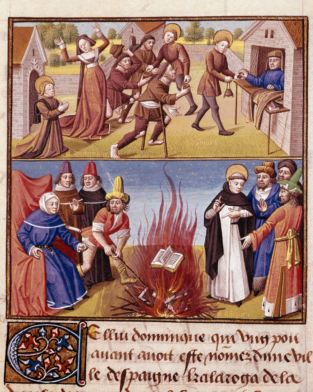 Inkvisitionen "" Autodafe præsiderer af Saint Dominique de Guzman (1170-1221), grundlæggeren af Dominikanerordenen, bevis for ilden fra den kætterske bog og den ortodokse bog"" Miniature i "" Le miroir historial"" (Speculum Historiale) ( ms. 1196, fol. 372 af Unknown artist