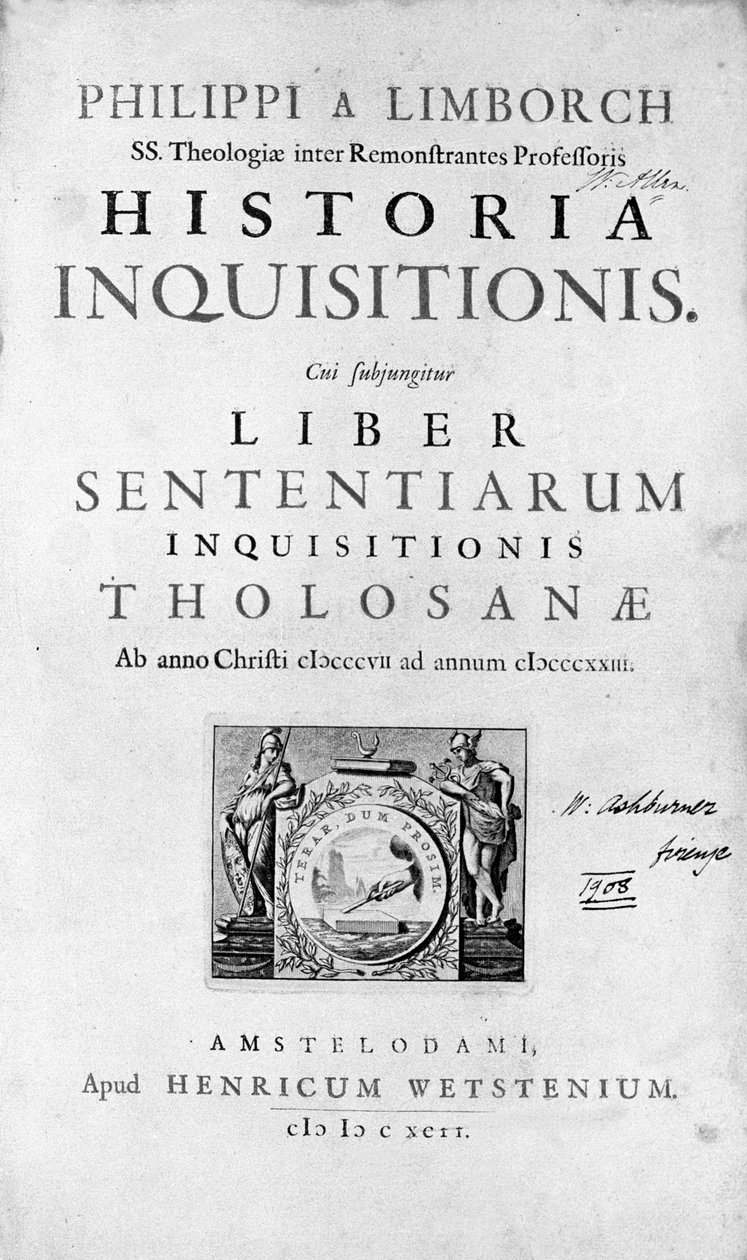 Inkvisition. Frontispice af "History of the Inquisition", Amsterdam 1692. af Unknown artist