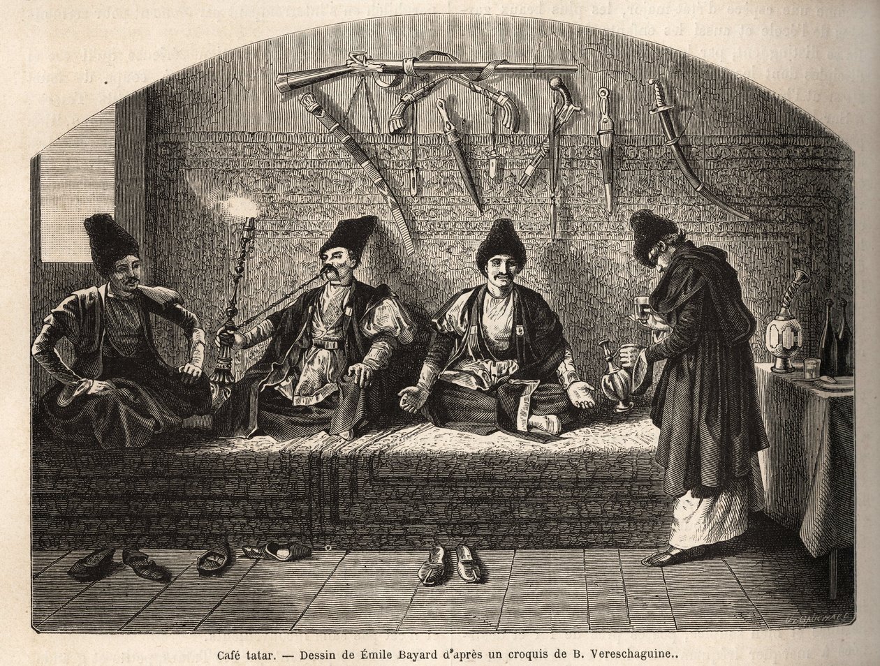 Inde i en tatarisk cafe i Schoucha (Transkaukasien, Rusland), hvor mænd mødes for at drikke te og ryge vandpibe. Indgravering til illustration af rejsen i Kaukasus-provinserne, af Basile Vereschaguine, i 1864-1865, udgivet i "" le tour du monde"", under af Unknown artist