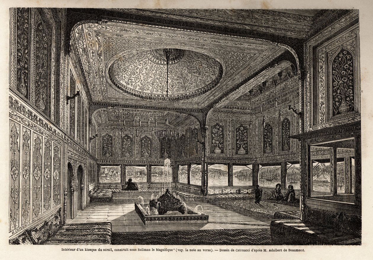 Inde i en kiosk af føljetonen i Konstantinopel (det nuværende Istanbul), bygget under Soliman den Storslåede eller Suleyman 1. (1495-1566) af Unknown artist