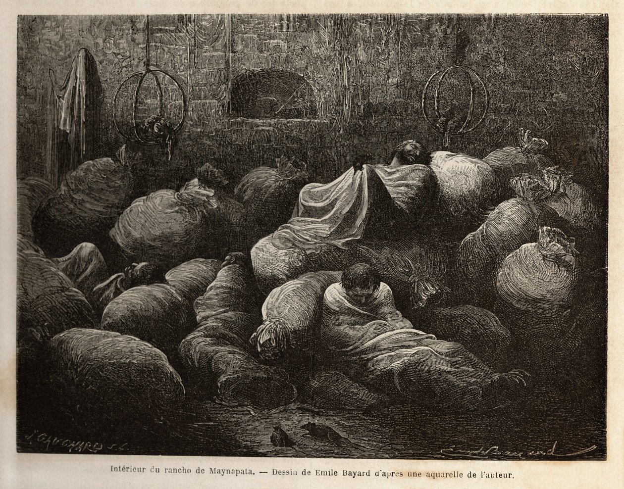 Inde i en rancho i Maynapata (Nedre Peru), overrasket af en snestorm, søger rejsende tilflugt i et mudderhytte og hviler sig og varmer sig midt i kartoffel- og majsposer. Gravering til illustration af rejsen i Quinquinas dale (Peru), af Pa af Unknown artist