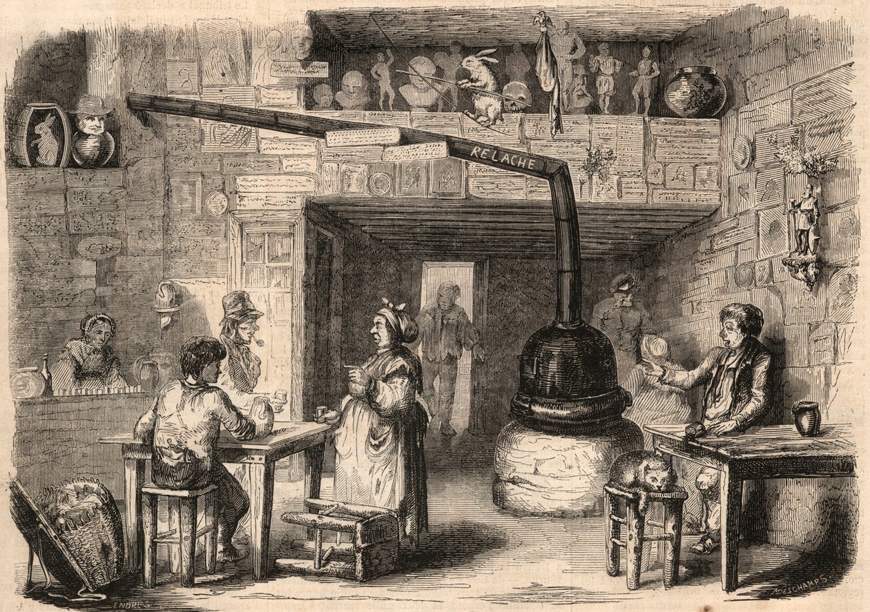 Inde i kabareten le Lapin Blanc (Kanin-Blanc), rue aux feves i Paris før dens nedrivning. Et værtshus, der går tilbage til monarkiets første tid. Indgravering I "" Le Monde illustrious"" fra 1862. Privat samling. af Unknown artist