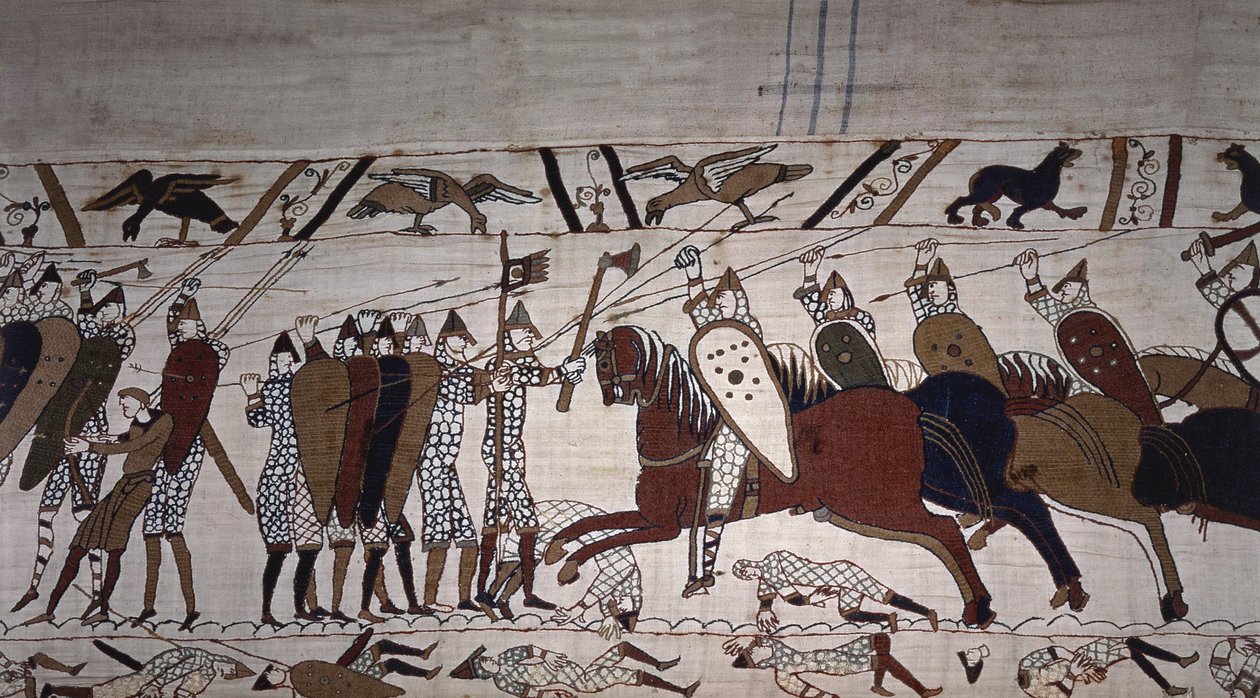 Intendant Wadard (til hest) og Guillaumes trupmænd - Bayeux-tapet, kendt som Broderi af Dronning Mathilde af Unknown artist