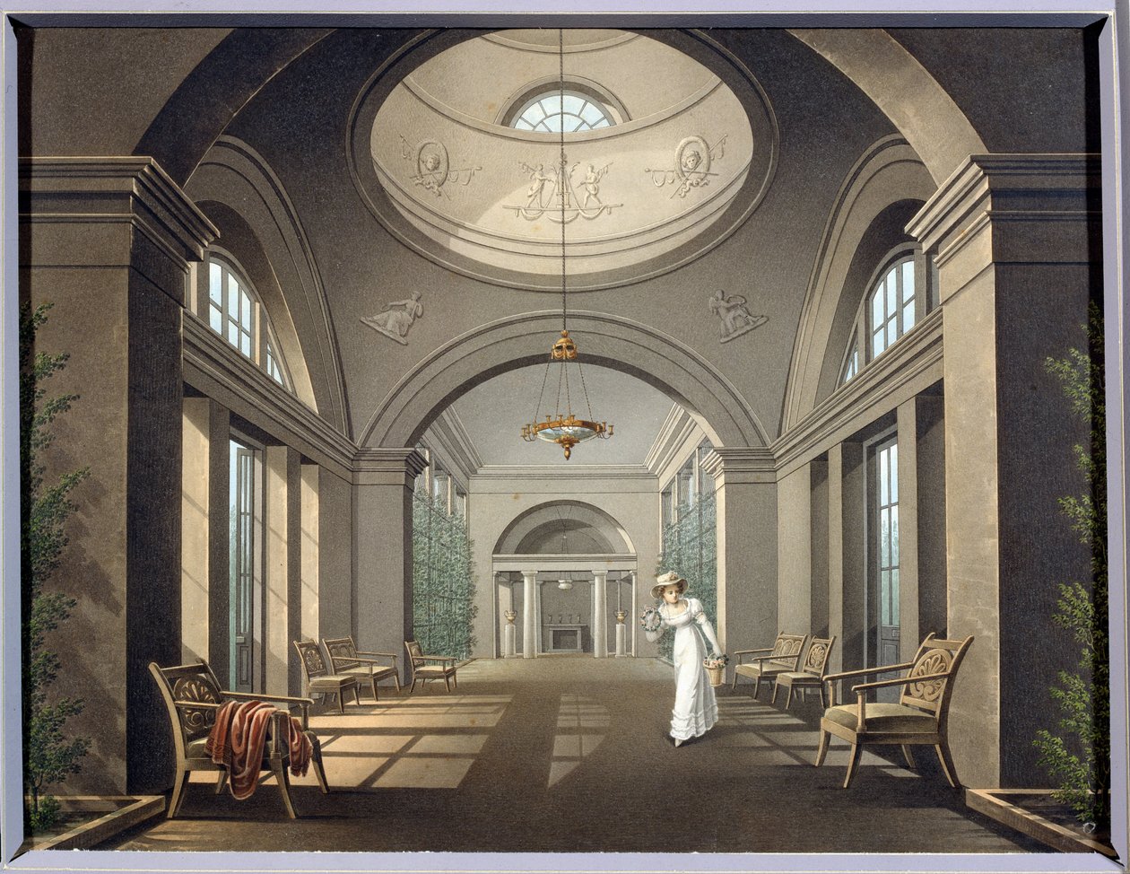 Interiør af volieren i Pavlovsk-paladset. Anonymt maleri. Akvarel og blæk, midten af ​​1800-tallet. Klassicisme. Statens Friluftsmuseum Pavlovsk-paladset, Sankt Petersborg. af Unknown artist