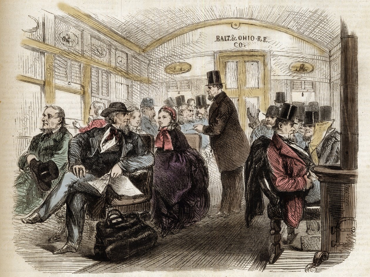 Interiør af en vogn på Baltimore & Ohio Railroad, USA - 1861 - interiør af en amerikansk vogn i 1860 af Unknown artist