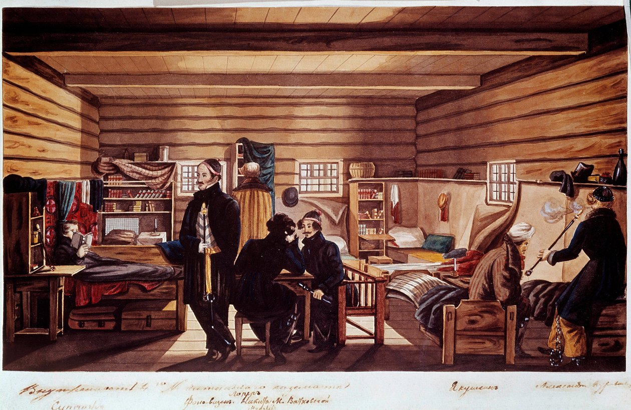 Cheta-kasemattens indre: Decembrists (eller Decabrists) politiske møde mellem russerne involveret i kupforsøget i Sankt Petersborg den 14. december 1825 for at opnå en moderne forfatning fra regimet. Gravering af Unknown artist