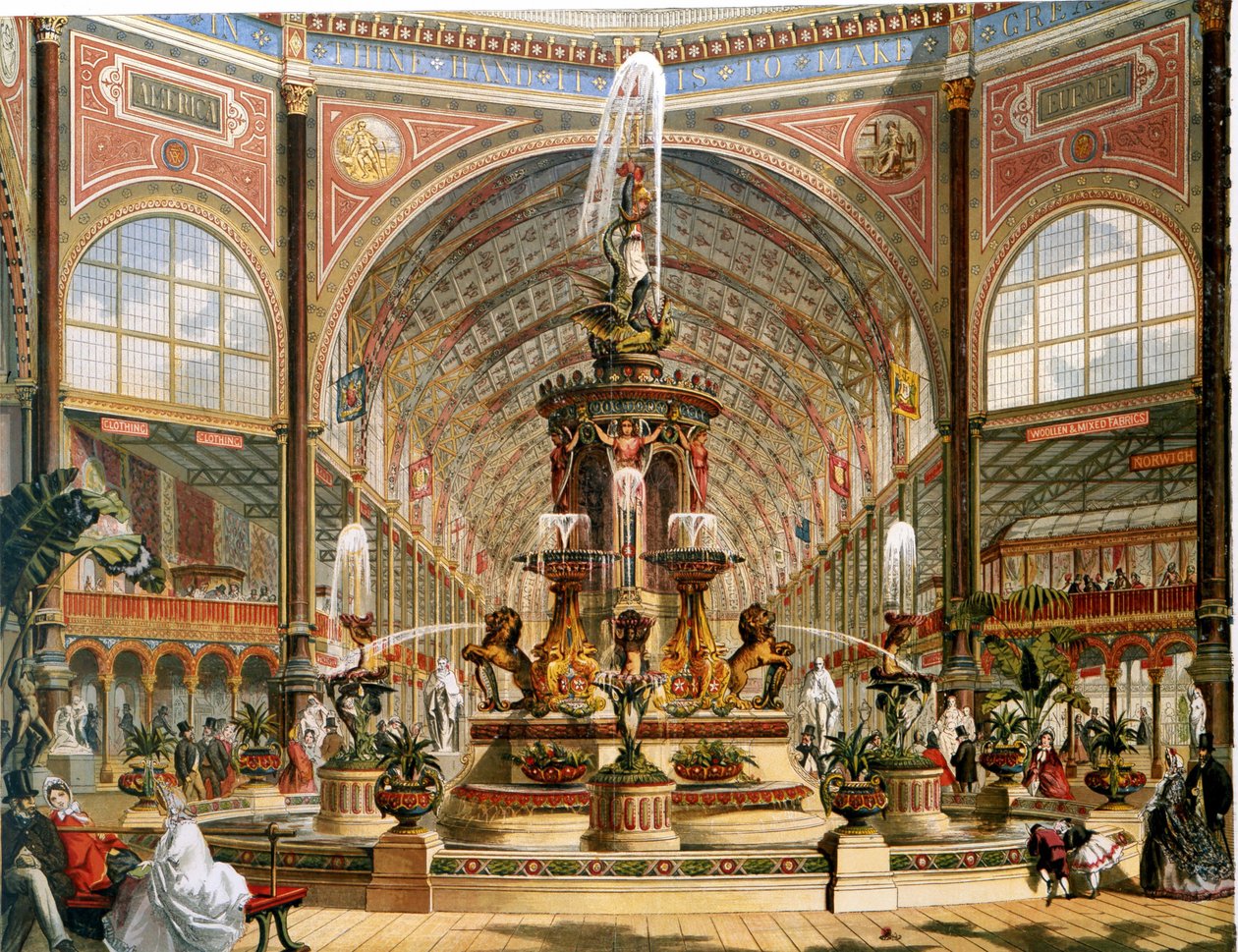 Interiør af Crystal Palace under den internationale udstilling i 1862. Majolica springvand af Minton. Kromolitografi. af Unknown artist