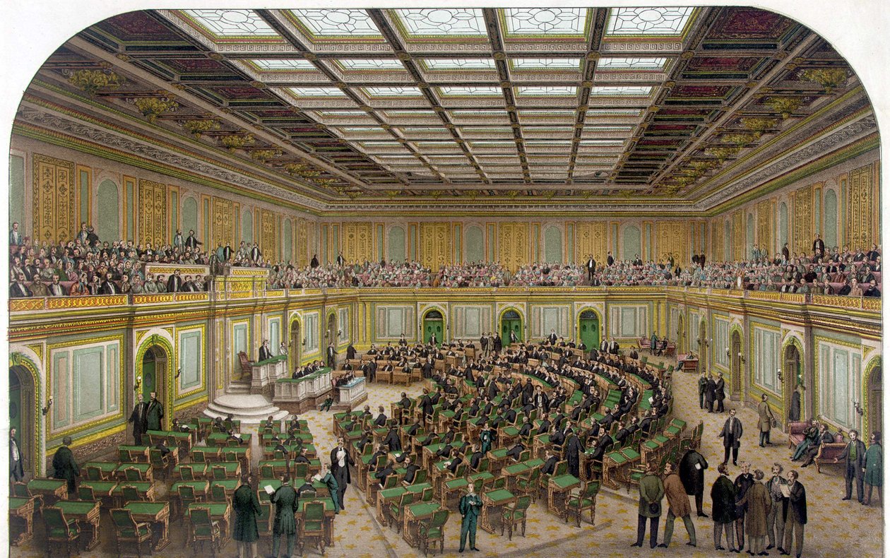 Indvendigt billede af Repræsentanternes Hus i US Capitol, der viser Kongressen i møde og tilskuerne i galleriet - Gravering 1866. af Unknown artist