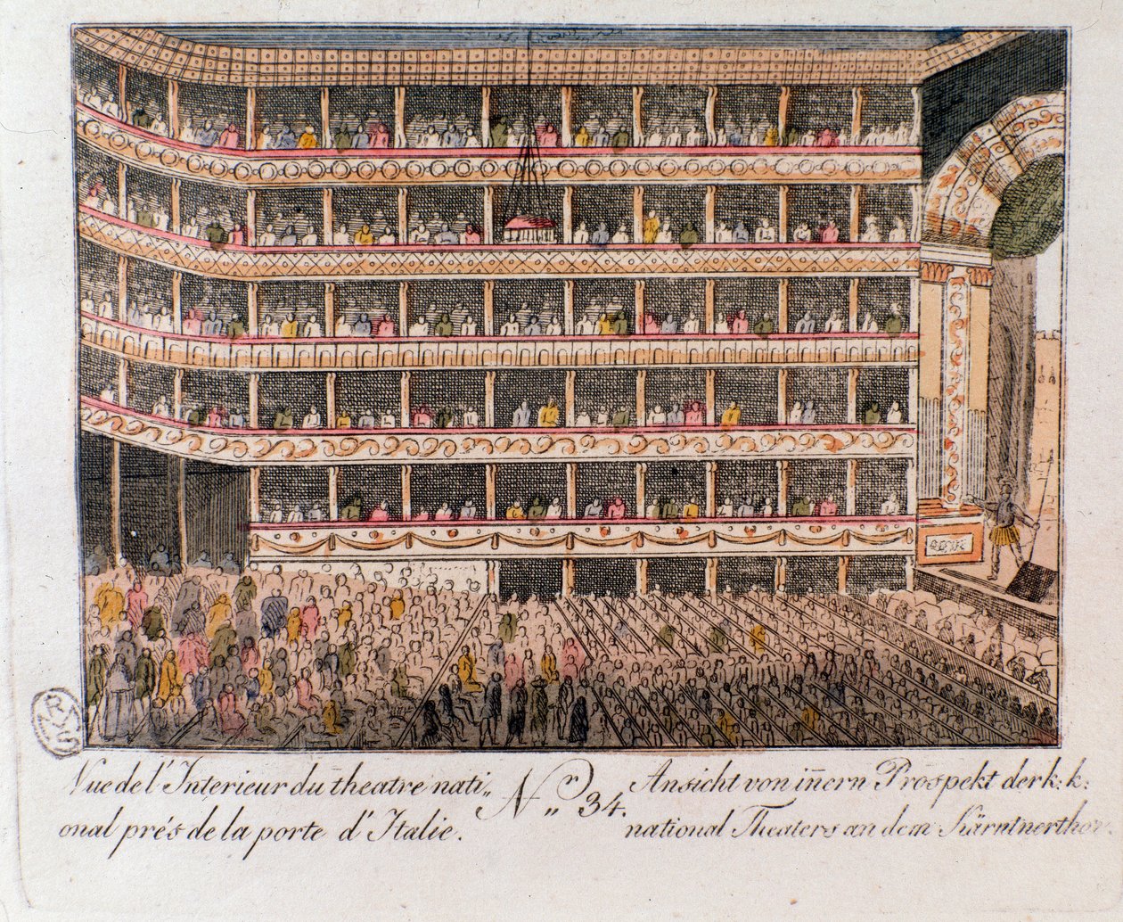 Indvendig udsigt af Nationalteatret nær den italienske port i Wien, Østrig. (Indvendigt billede af Nationalteatret, Wien, Østrig) graveringen af 1815 privatsamling af Unknown artist