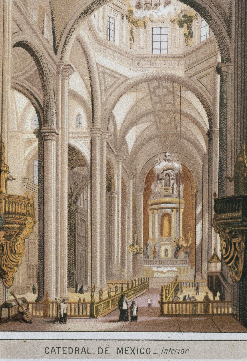 Indvendig visning af katedralen i Guadalajara i Mexico City, Mexico. Kromolitografi omkring 1880 af Unknown artist