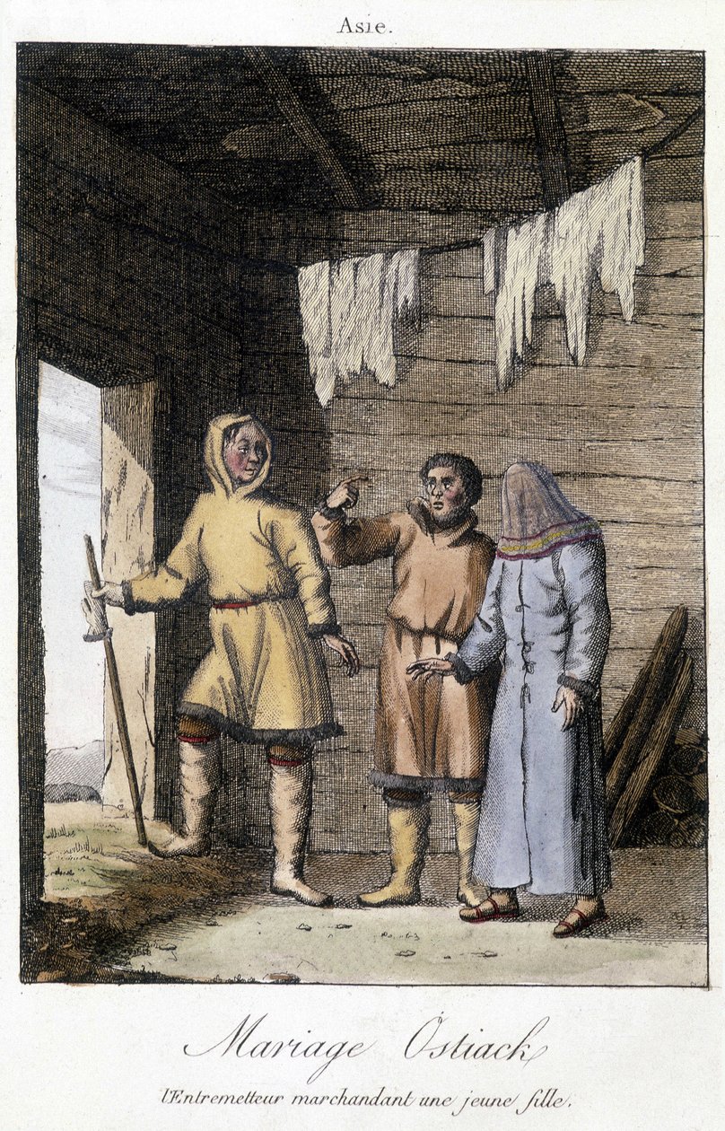 Mellemmand prutter en ung pige til et bryllup Ostiak (Khanty eller Khante) (palæosibirisk jægerstamme etableret i skovområdet i den midterste Ob-dal). af Unknown artist