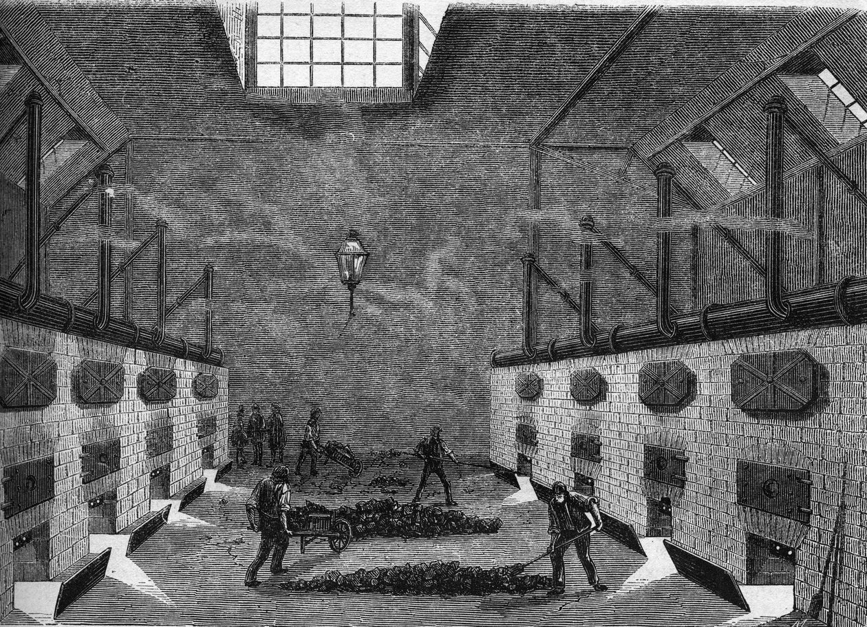Indvendigt billede af en gasfabrik. Stik fra 1860-1861. af Unknown artist