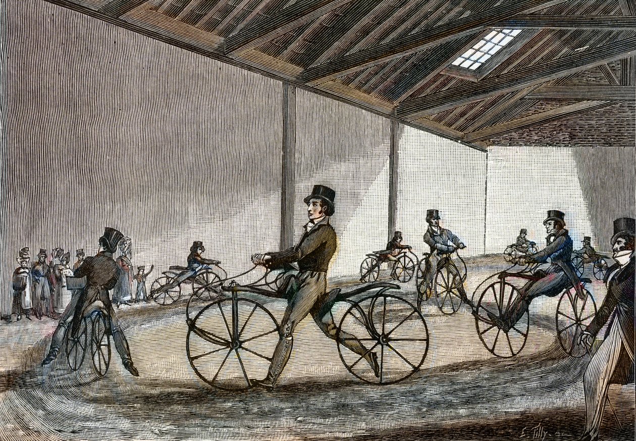Indvendigt billede af manegen til hobbyhest. Mand, der kører cykler (pedalfri cykler opfundet af baron Karl Drais af Unknown artist