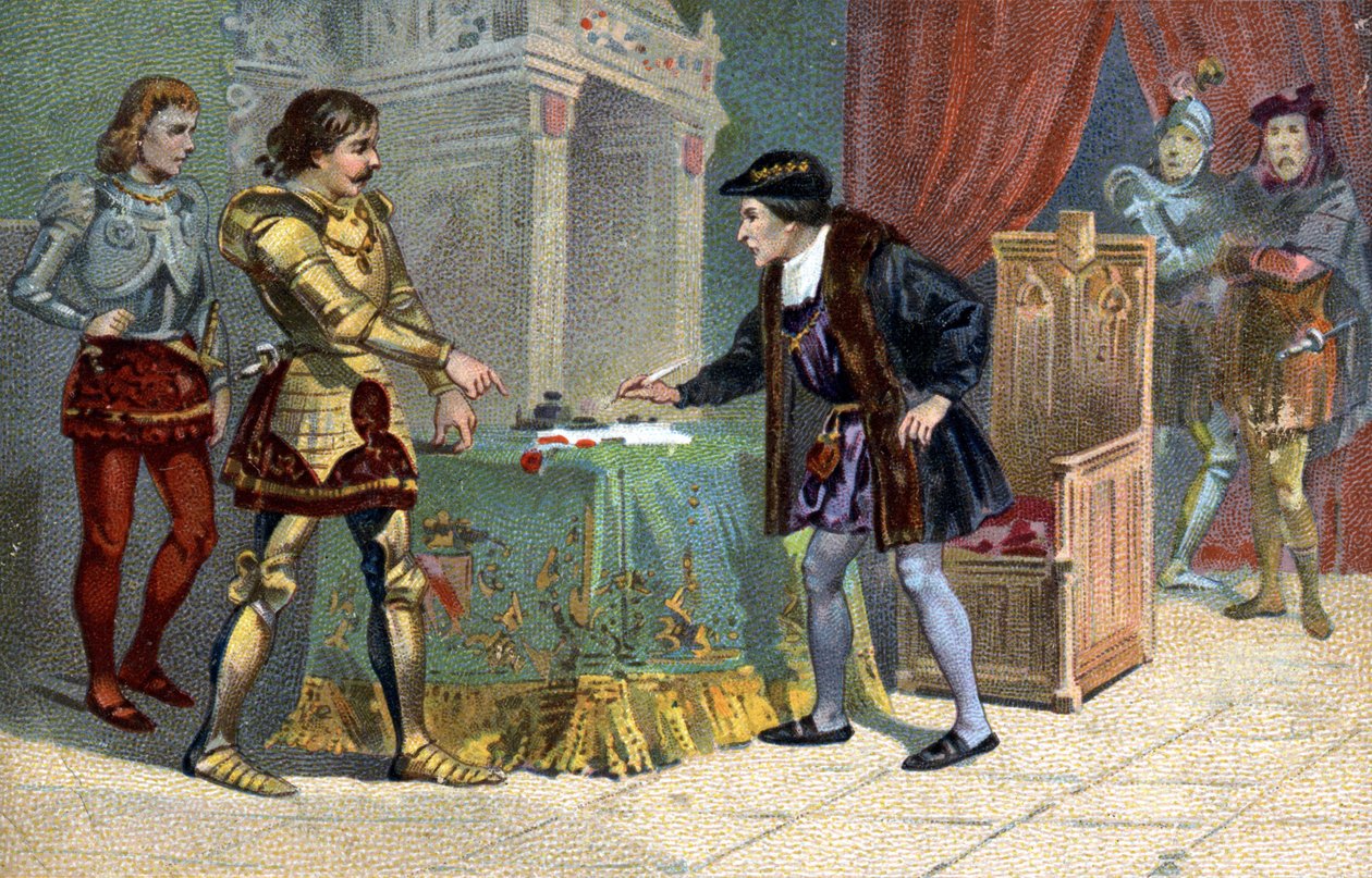 Interview af Ludvig XI (1423-1483), konge af Frankrig og Karl den Dristige, hertug af Bourgogne, til Peronne i oktober 1468. Liebig-kromolitografi af det 19. århundrede af Unknown artist