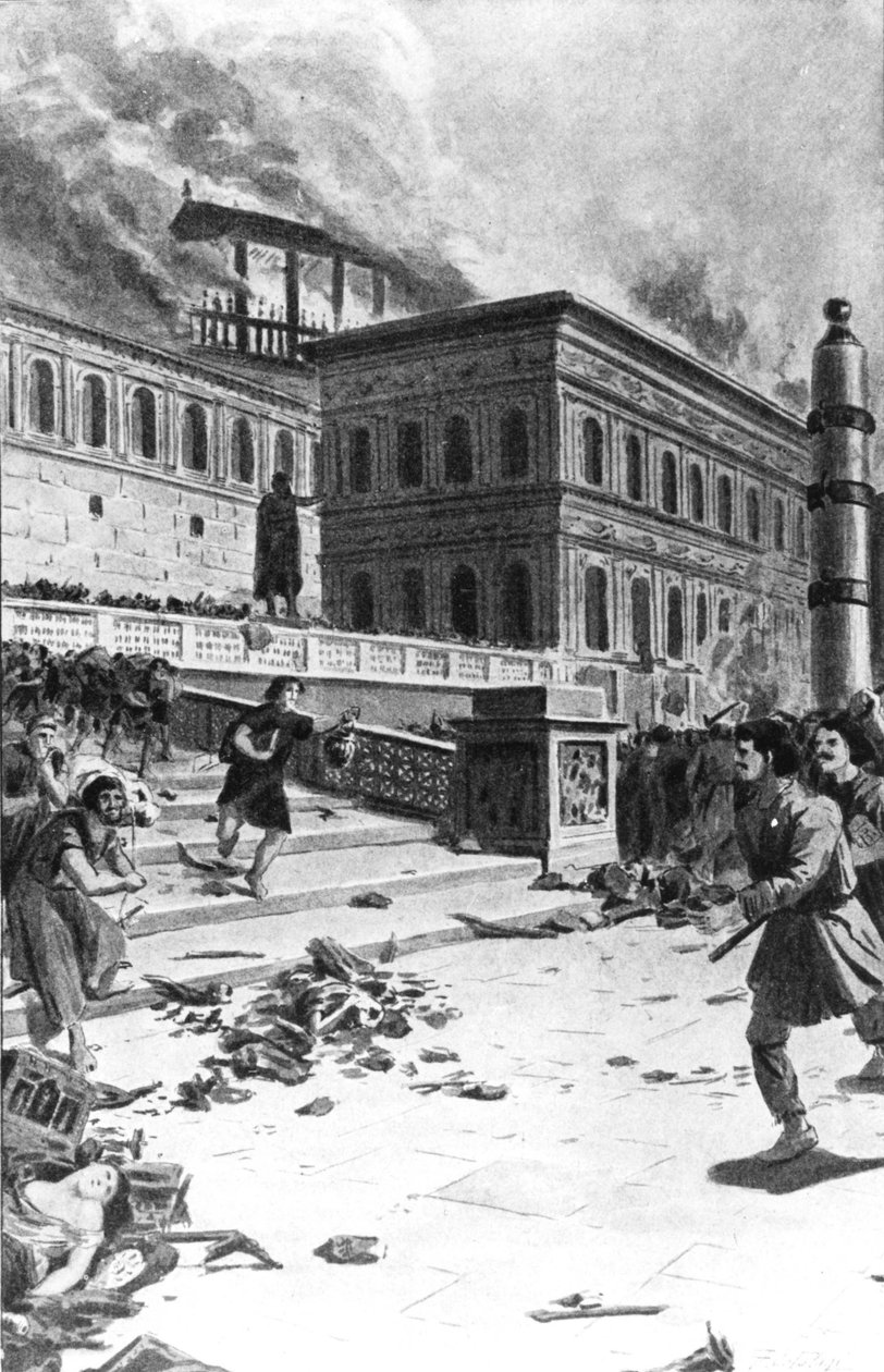 Invasion og plyndring af Rom af Alarik I, vestgoternes konge, i 410 (Sac of Rome). Gravering 1800-tallet. af Unknown artist