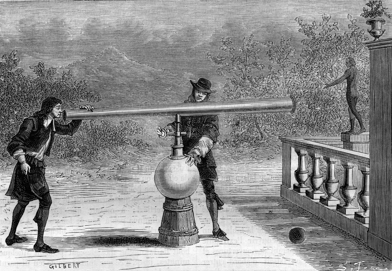 Opfindelse: Sarbacan eller pneumatisk pistol af Otto von Guericke (Otto de Guericke) (1602-1686), tysk opfinder. Indgravering i "La Nature" af Unknown artist