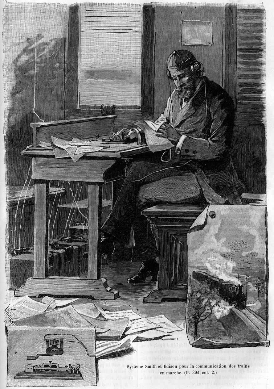 Opfindelsen af Smith og Edison-systemet til kommunikation af kørende tog. Indgravering i journalen for "" La jeunesse"" af Unknown artist