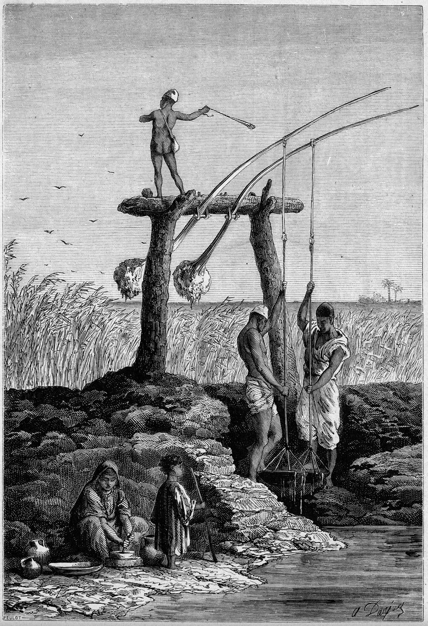 Kunstvanding i Egypten: chadoufs (eller shadoufs) på bredden af Nilen. Indgravering i "" Le Monde Illustré"" nr. 1313 af 27. maj 1882. af Unknown artist