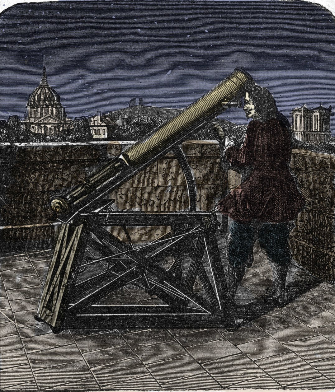 Isaac Newton (1642-1727) engelsk fysiker, der bruger sit teleskop. af Unknown artist