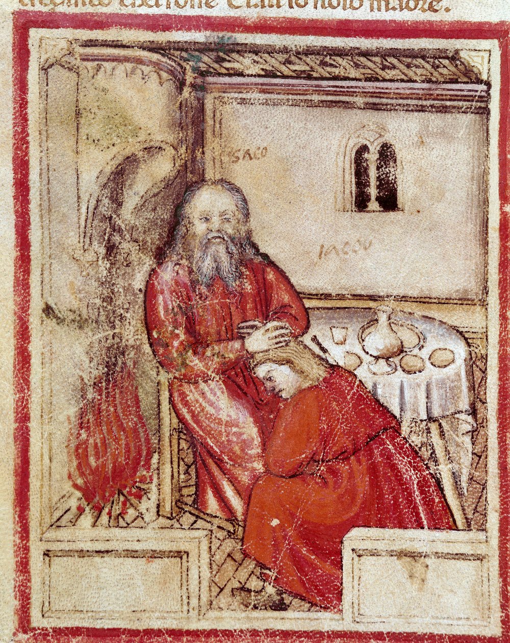 Isak efter at have spist knægten, som hans søn Jacob Benit havde medbragt, idet han troede, at det er Esau Miniature fra codex 212 (eller padovano codice eller Bible of Padua) 1390-1400 Rovigo, Accademia dei Concordi af Unknown artist