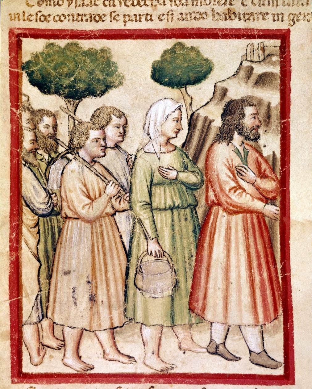 Isaac og hans familie, der lider af hungersnød, emigrerer til kong Abimelechs lande Miniature fra codex 212 (eller padovano codice eller Bible of Padua) 1390-1400 Rovigo, Accademia dei Concordi af Unknown artist