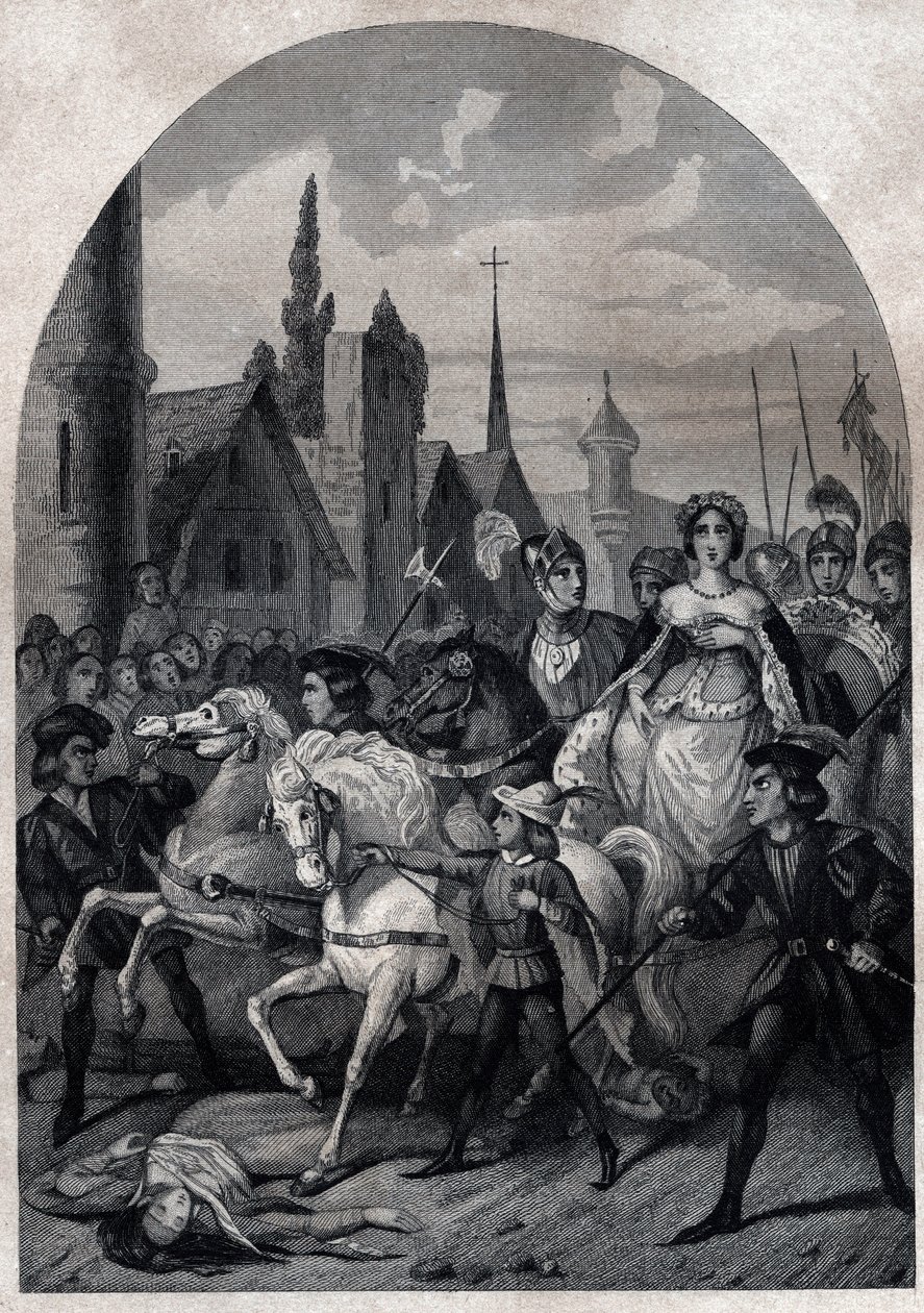 Isabella af Bayern (1371-1435) på vej ind i Paris i 1389 - Entree de la Reine de France Isabeau (Isabelle, Elisabeth) de Baviere (1371-1435) a Paris - Indgravering af 1842 i "Histoire des popes: forbrydelser, mord, forgiftninger, parmord, utroskab, incest. af Unknown artist