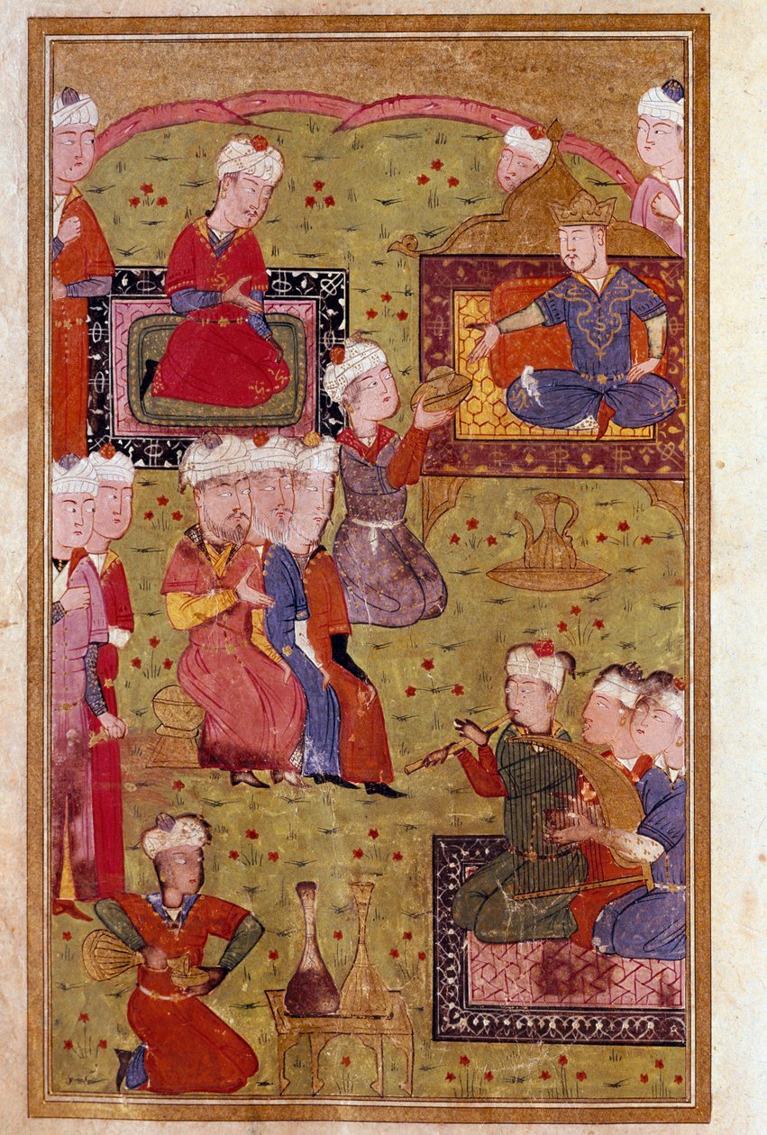 Islamisk kunst: banket i nærværelse af sultanen med musikere. Miniature af et manuskript fra det 16. århundrede Venedig Biblioteca Marciana af Unknown artist
