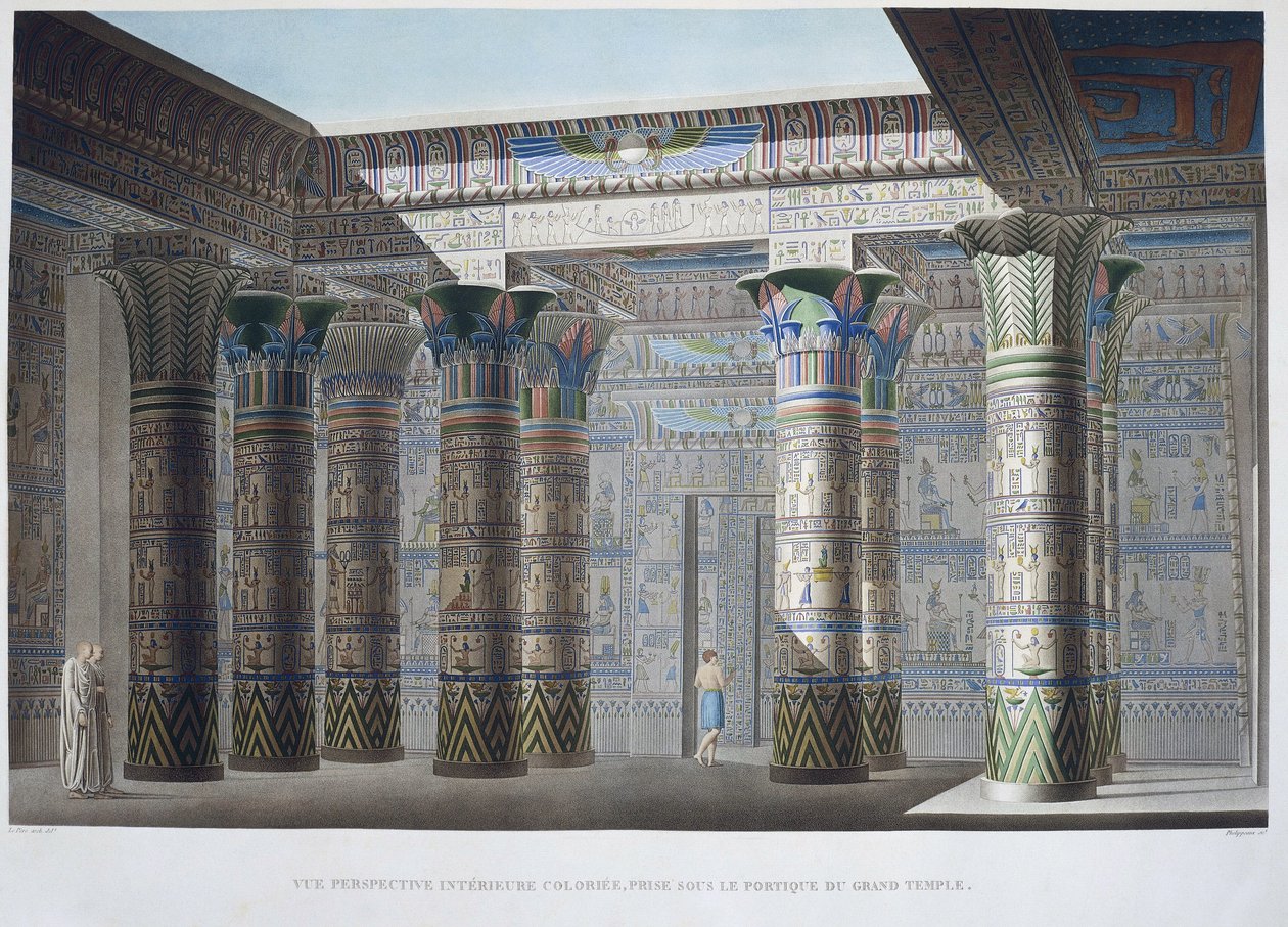 Island of Philae: Farverigt interiør i perspektiv, taget under portikoen til Det Store Tempel - i "Description of Egypt"", Imperial Editions af Unknown artist