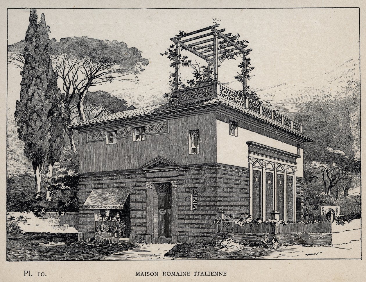 Italiensk romersk hus - indgravering af 1889 i "History of human habitation at the Universal Exhibition of 1889, by Mr Charles GARNIER - Librairie centrale des beaux-arts Paris 1889 af Unknown artist