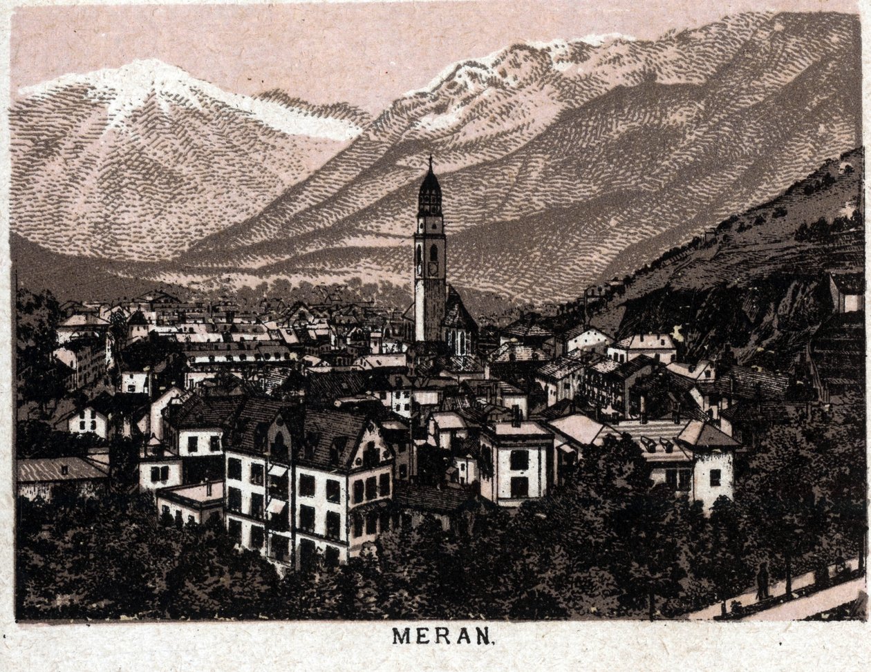 Italiensk Tyrol: udsigt over byen Meran (Merano). i "" Verden illustrerer 168 visninger"" Udateret (slutningen af 1800-tallet) af Unknown artist