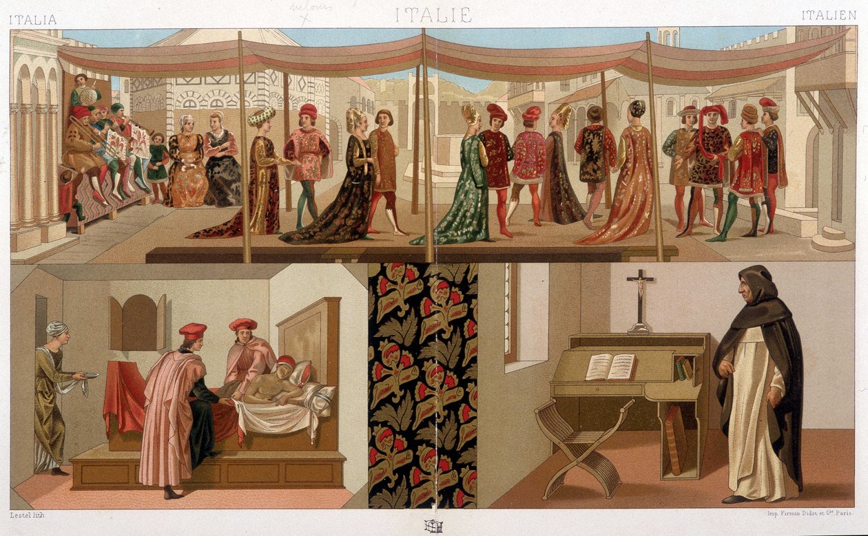 Italienske dragter fra det 15. århundrede. I "" Det historiske kostume"" af A. Racinet af Unknown artist
