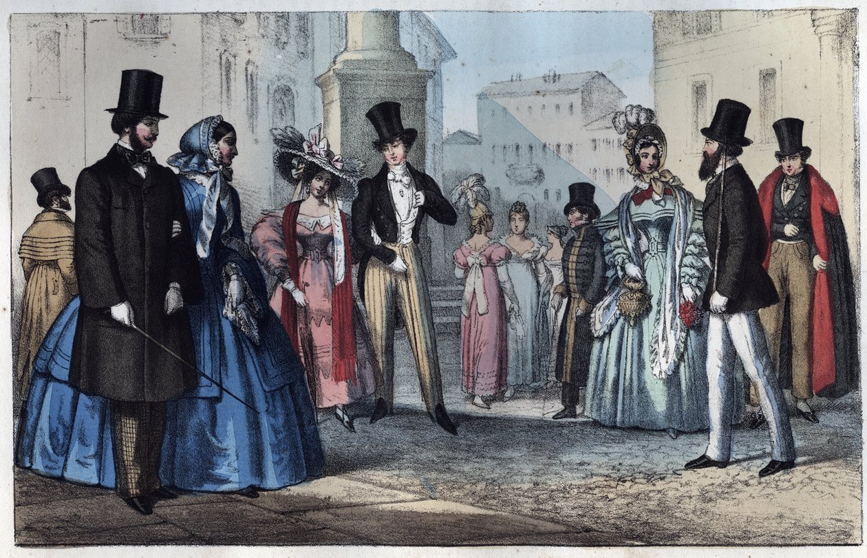 Italiensk mode i det 19. århundrede - gravering fra "" Anvendelser og skikke for alle folk i universet. Det vil sige historien om regeringen, lovene, militsen, om alle nationers religion fra de fjerneste tider til i dag "1856 af Unknown artist