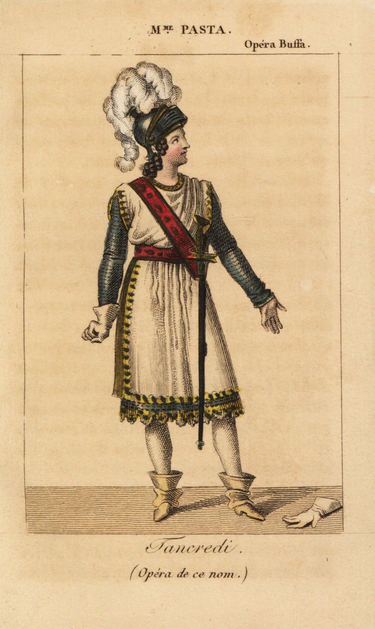 Den italienske sopransangerinde Giuditta Pasta i hovedrollen som Tancredi i operaen af ​​samme navn af Gioachino Rossini opført på Opera Buffa, Paris af Unknown artist
