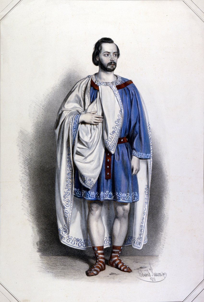 Den italienske tenor Gaetano Fraschini (1816 - 1887) som Foresto i Giuseppe Verdis "Attila". Farvelitografi af Eduard Kayser af Unknown artist