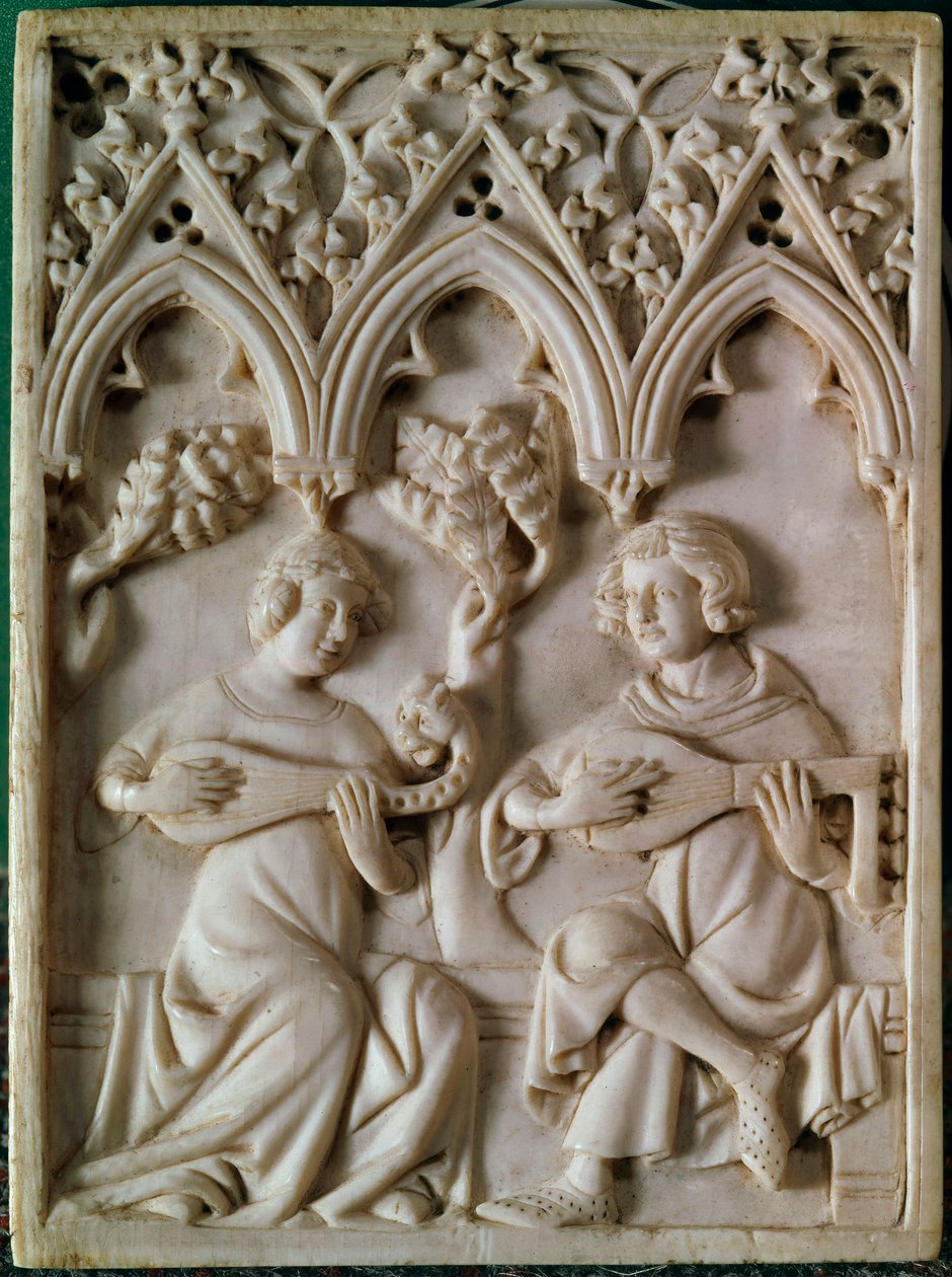 Elfenbenstablet, der repræsenterer to musikere. 14. århundrede. Paris, Nationalmuseet for middelalderen, Thermes de Cluny af Unknown artist