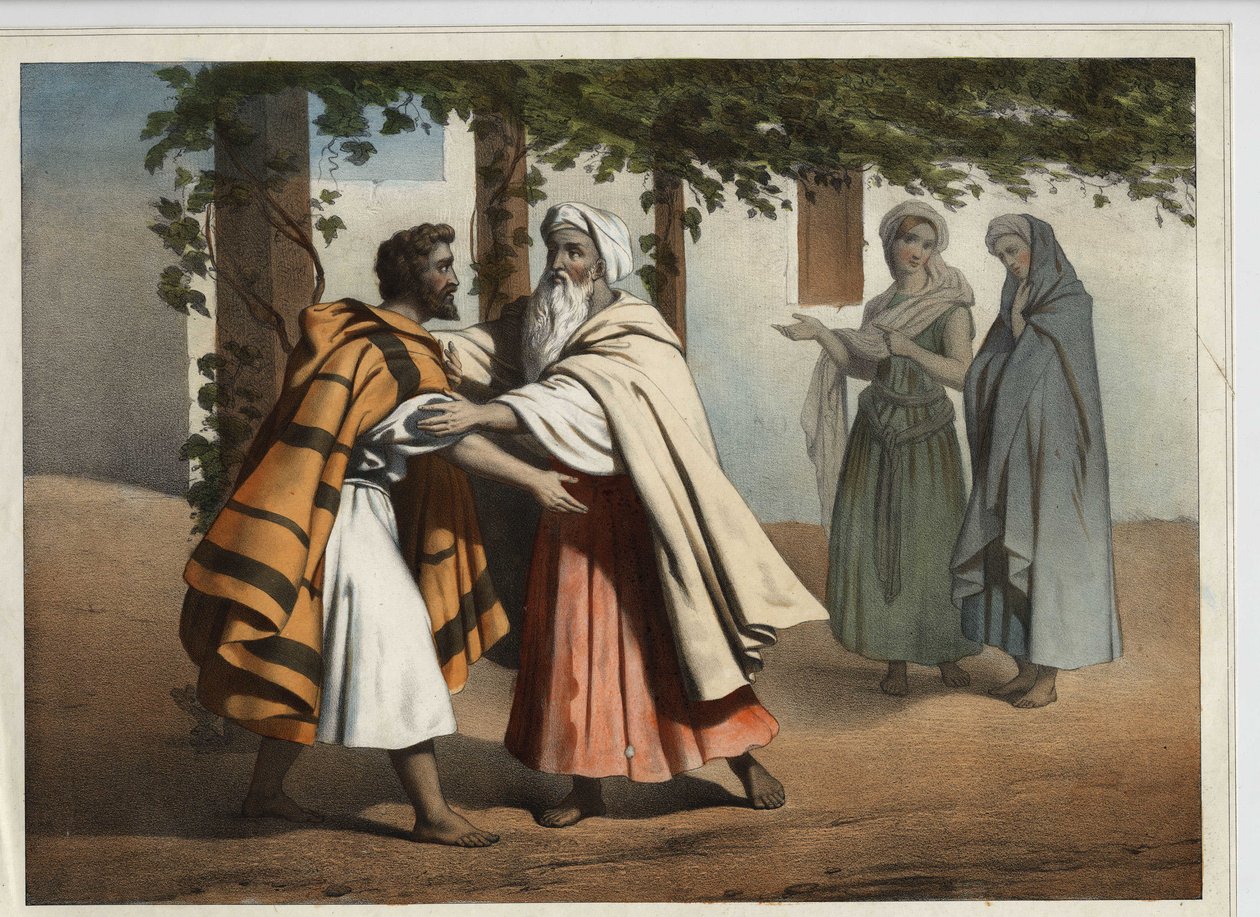 Jakob flygtede fra sin bror Esaus hævn, blev mødt af Laban. Anonym gravering af det 19. århundrede. af Unknown artist