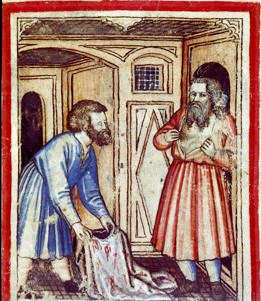 Jakob får kendskab til sin søn Josephs død, solgt af sine brødre til egypterne Miniature fra codex 212 (eller padovano codice eller Bible of Padua) 1390-1400 Rovigo, Accademia dei Concordi af Unknown artist